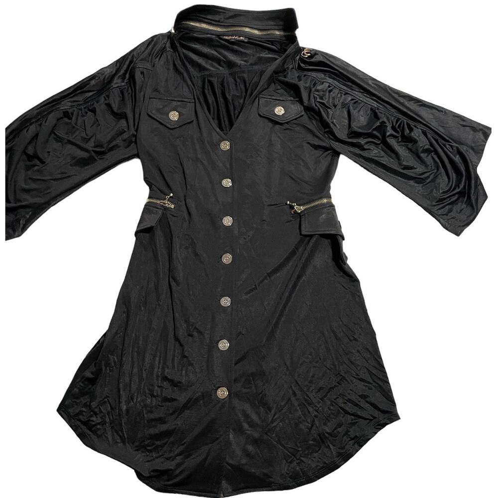 LaRok Women's Size XS Long Sleeve Zippered Collared Button Up Shirt Dress Black